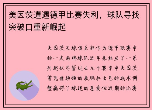 美因茨遭遇德甲比赛失利，球队寻找突破口重新崛起